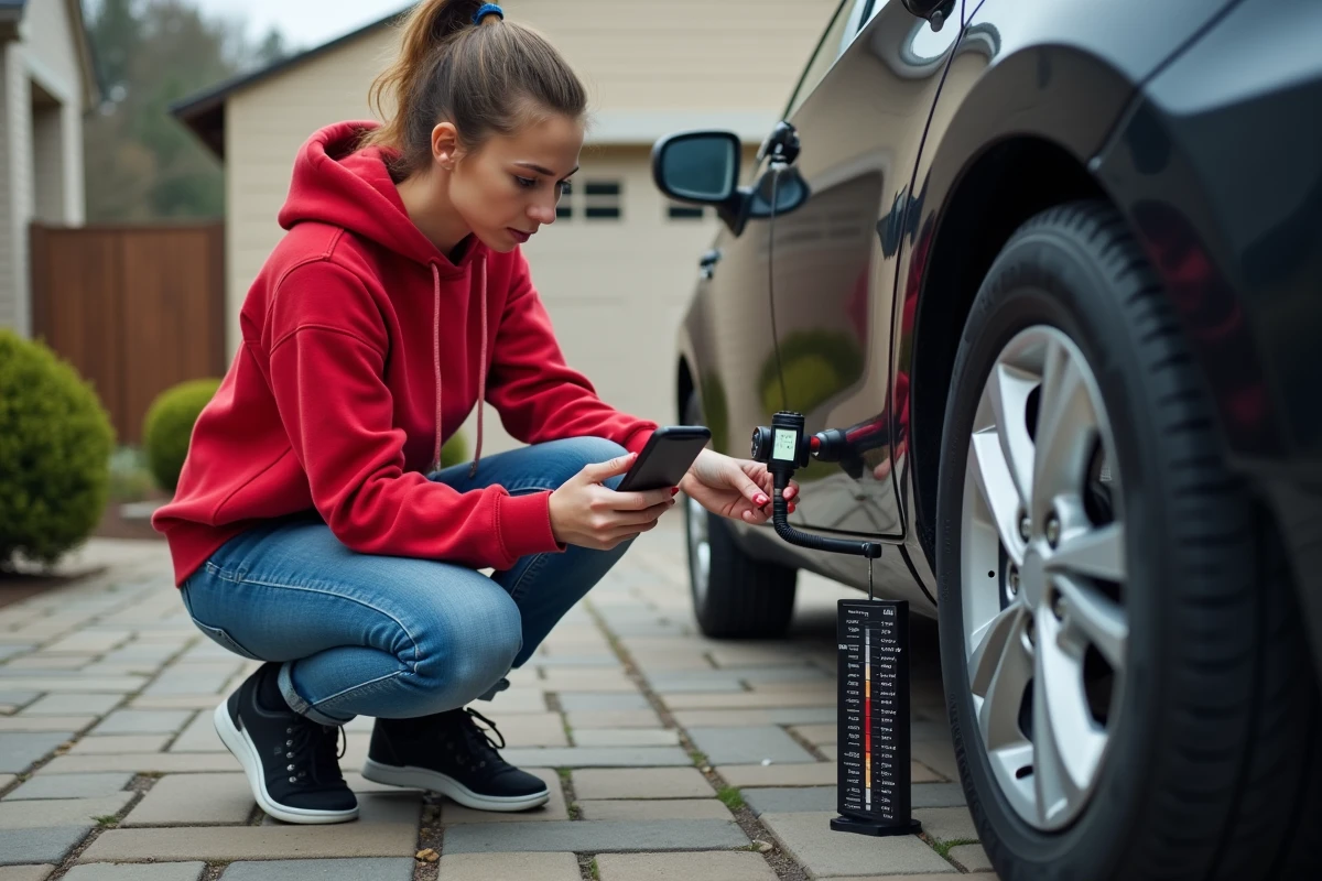 Jeune femme utilisant un inflateur de pneus devant sa voiture