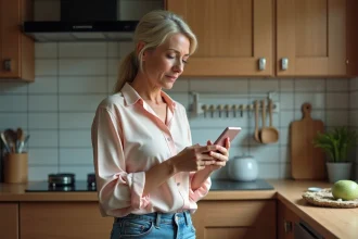 Femme d'âge moyen dans sa cuisine regardant son smartphone