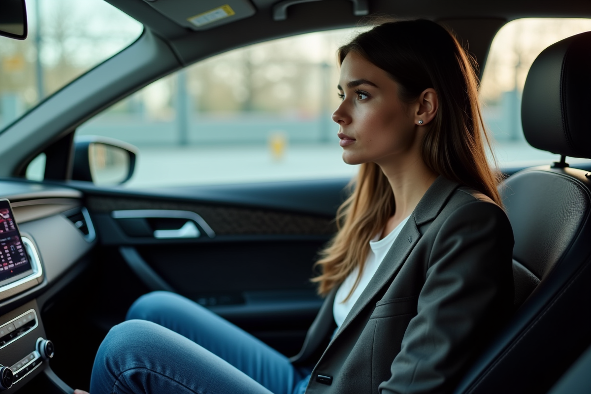 Jeune femme regarde tableau de bord digital dans voiture