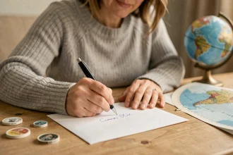 Femme écrivant une adresse internationale à la main sur une enveloppe blanche posée sur un bureau en bois