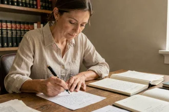 Femme écrivant à la plume sur du papier avec soin, entourée de dictionnaires et livres de grammaire