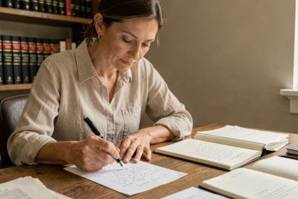 Femme écrivant à la plume sur du papier avec soin, entourée de dictionnaires et livres de grammaire