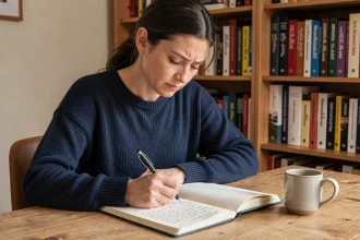Femme concentrée en train d'écrire dans un cahier, hésitant sur l'orthographe de 'fait partie' en français