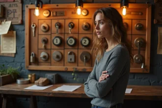 Femme concentrée résolvant des énigmes dans une salle d'escape room avec cadenas et symboles codés