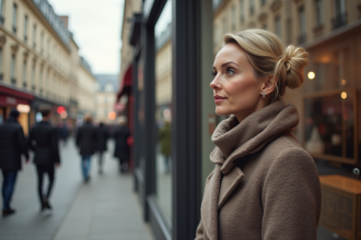 Femme élégante regardant une vitrine immobilière à Paris