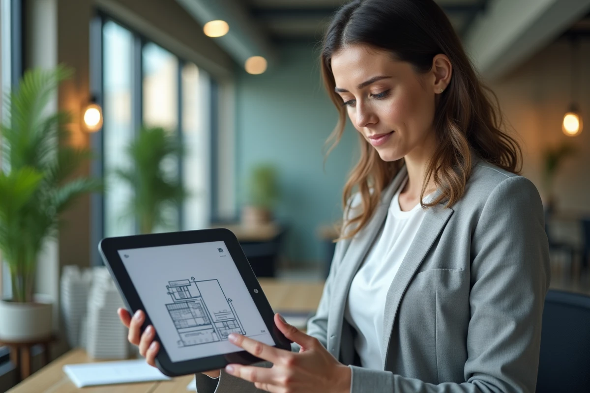 Femme gestionnaire de chantier utilisant une tablette dans un espace de coworking moderne