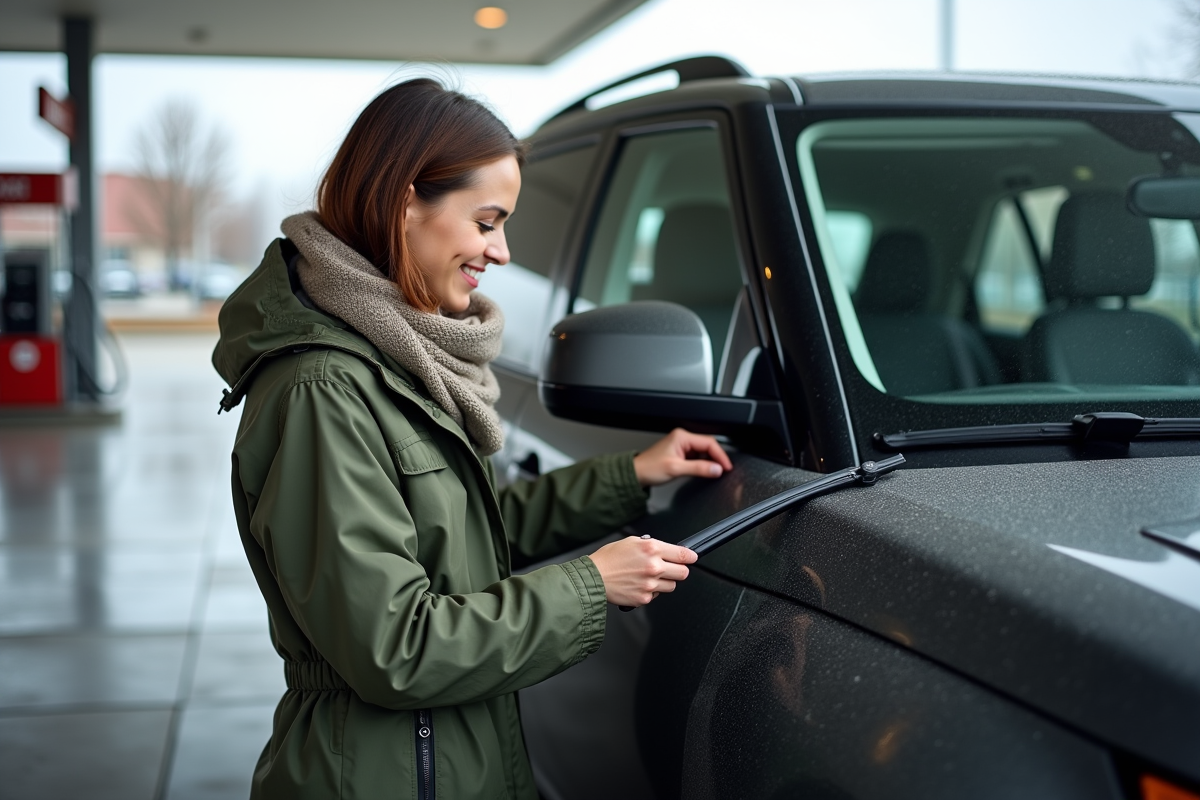 Femme souriante vérifiant un essuie-glace sur son SUV