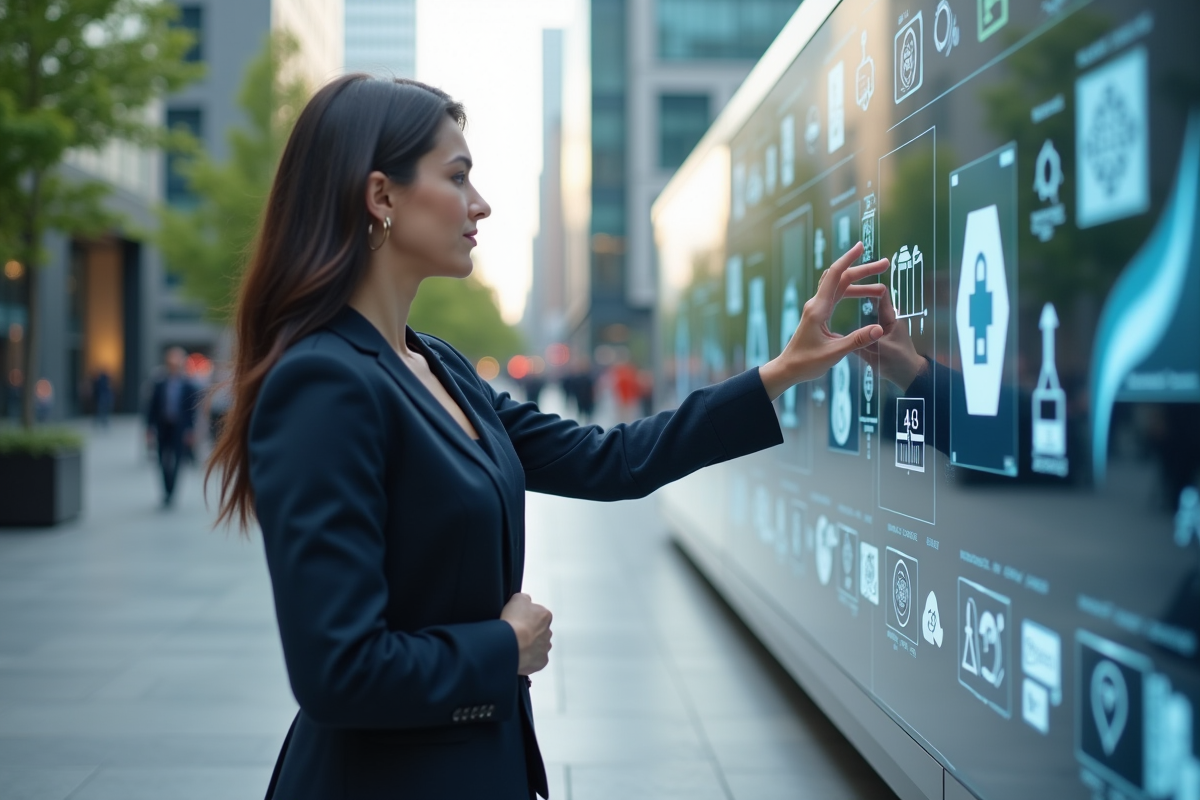 Femme d affaires utilisant un affichage digital en ville
