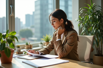 Femme en bureau moderne examinant des rapports verts