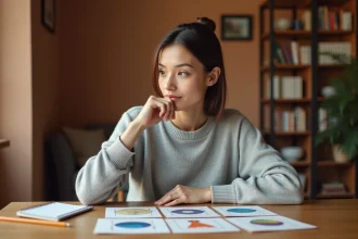 Femme réfléchissant devant quatre images posées sur une table en bois pour trouver un mot de 7 lettres