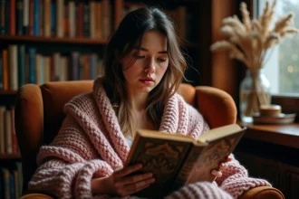 Jeune femme lisant un roman romantasy dans une bibliothèque cosy aux étagères en bois sombre