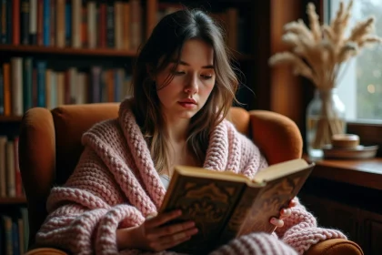 Jeune femme lisant un roman romantasy dans une bibliothèque cosy aux étagères en bois sombre