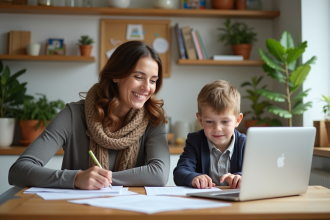 Femme souriante avec son enfant en famille à la maison