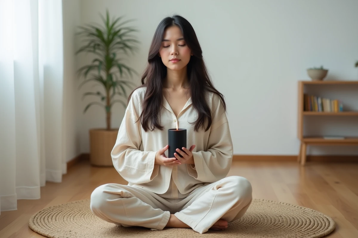 Femme en méditation tenant une bougie noire dans les mains, pratique spirituelle pour débutants