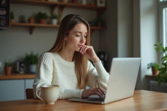 Femme concentrée utilisant un ordinateur portable à la maison