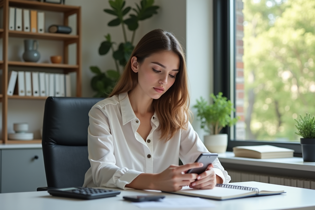 Jeune femme travaillant sur son smartphone dans un bureau lumineux