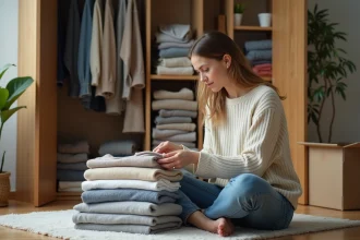 Femme triant du linge dans une chambre organisée