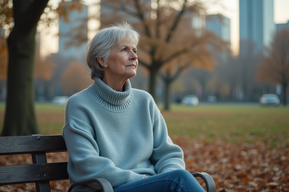 Femme assise sur un banc dans un parc en automne