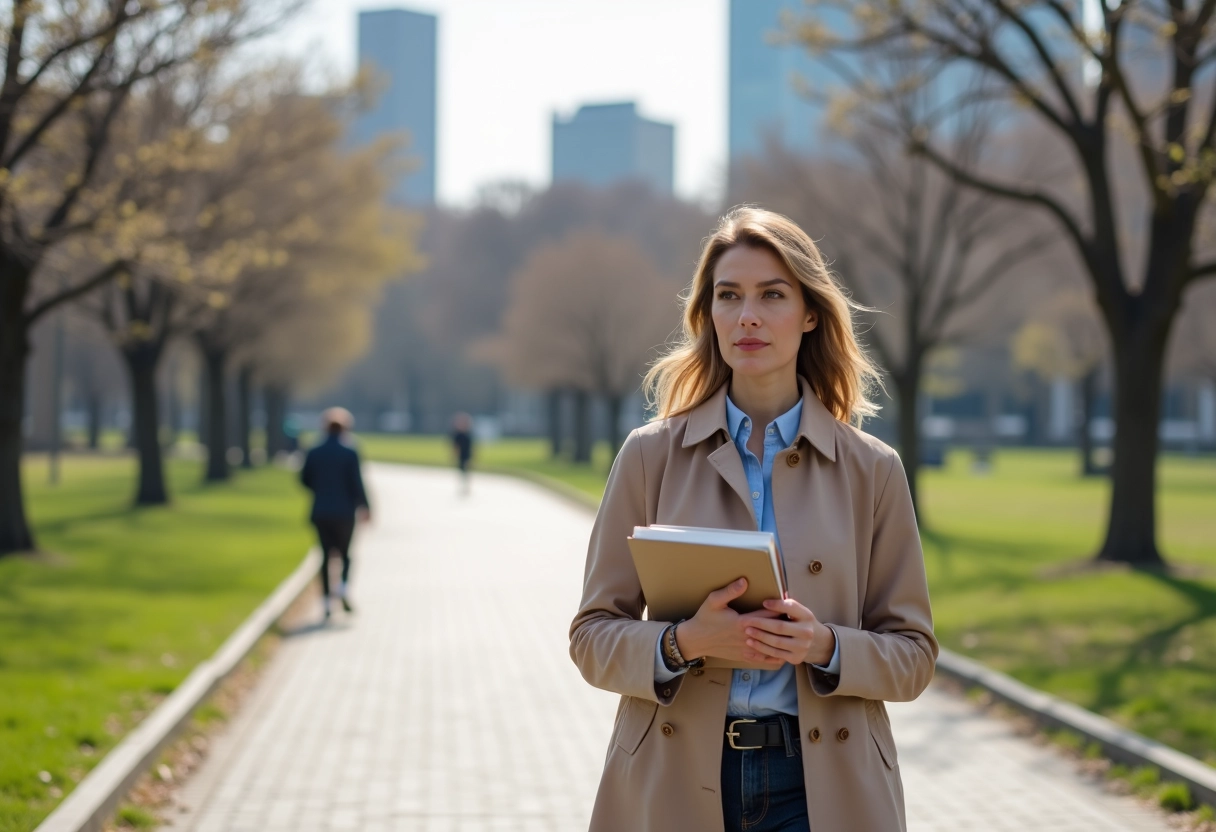 Femme réfléchie marchant dans un parc urbain au printemps