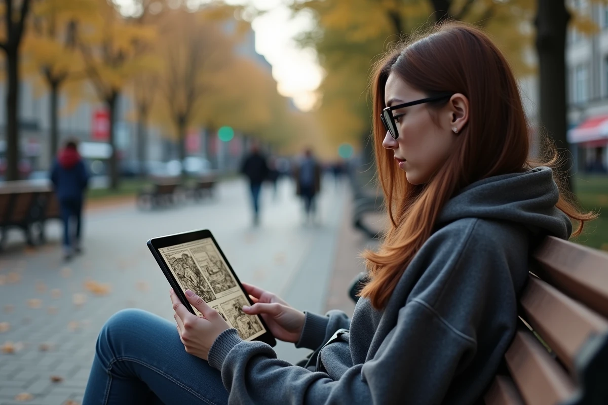 Femme lisant manga sur tablette dans un parc en automne