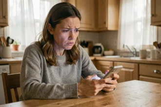 Femme francophone perplexe devant son téléphone essayant de comprendre la différence entre AM et PM