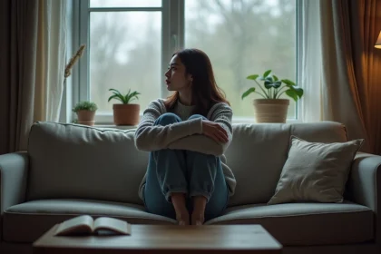 Jeune femme pensant dans un salon cosy