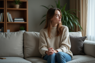 Femme pensante dans un salon moderne et cosy