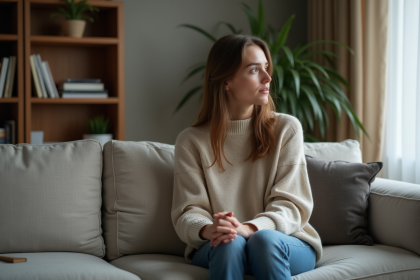 Femme pensante dans un salon moderne et cosy