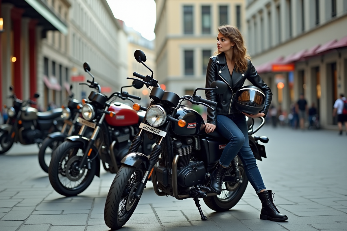 Femme en cuir noir avec casque à côté d