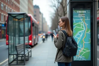Femme regardant un plan digital du bus 192 en extérieur
