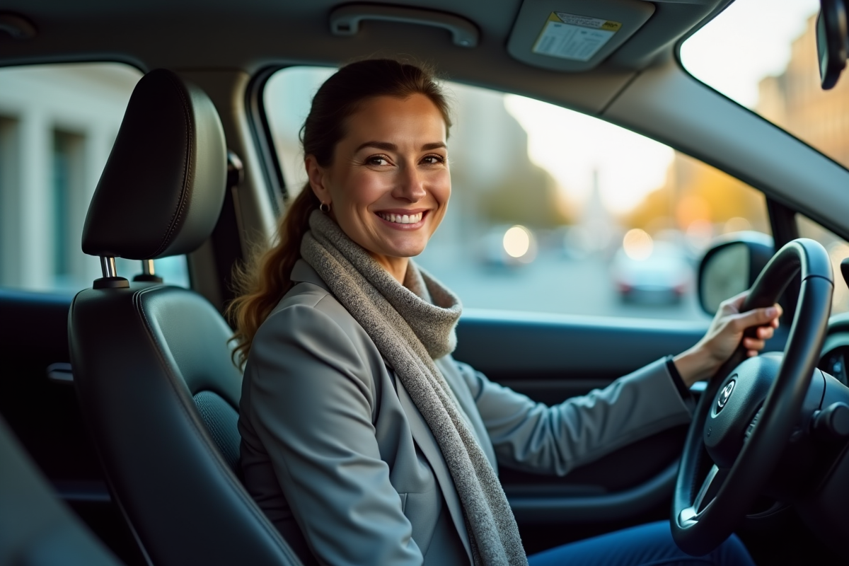 Femme souriante assise au volant d