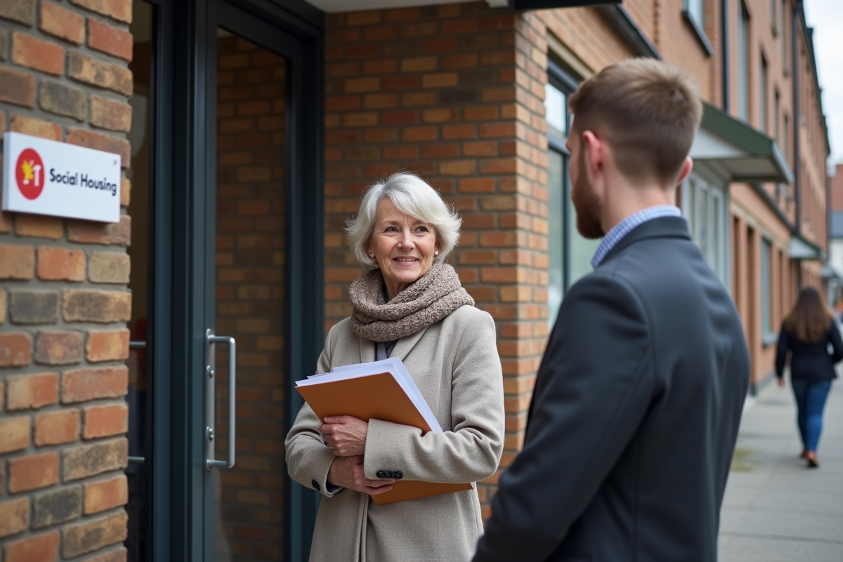 Femme avec dossier de papiers parlant avec un travailleur social