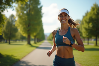 Femme sportive marchant dans un parc ensoleille avec montre connectee