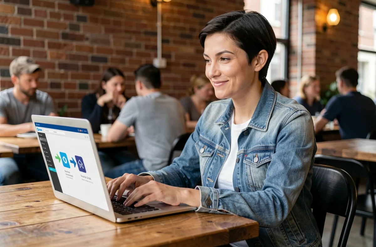 Femme travaillant sur la stratégie de redirection d'un domaine web dans un café