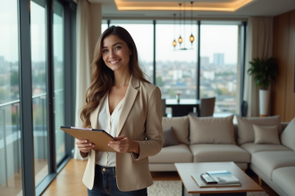 Femme professionnelle dans un appartement moderne et lumineux