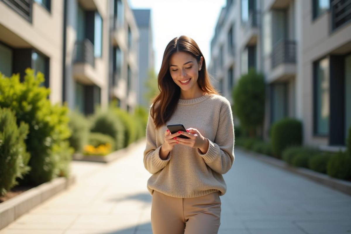Jeune femme utilisant une calculatrice immobilière en extérieur