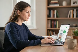 Femme vérifiant une adresse de site web sur son ordinateur portable dans un bureau à domicile