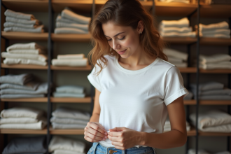 Jeune femme inspectant une étiquette de vêtement dans une boutique écologique