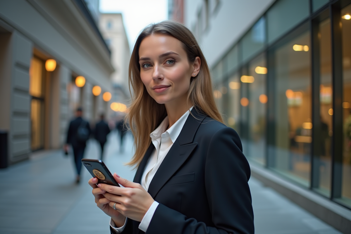 Femme avec smartphone affichant un portefeuille bitcoin en ville