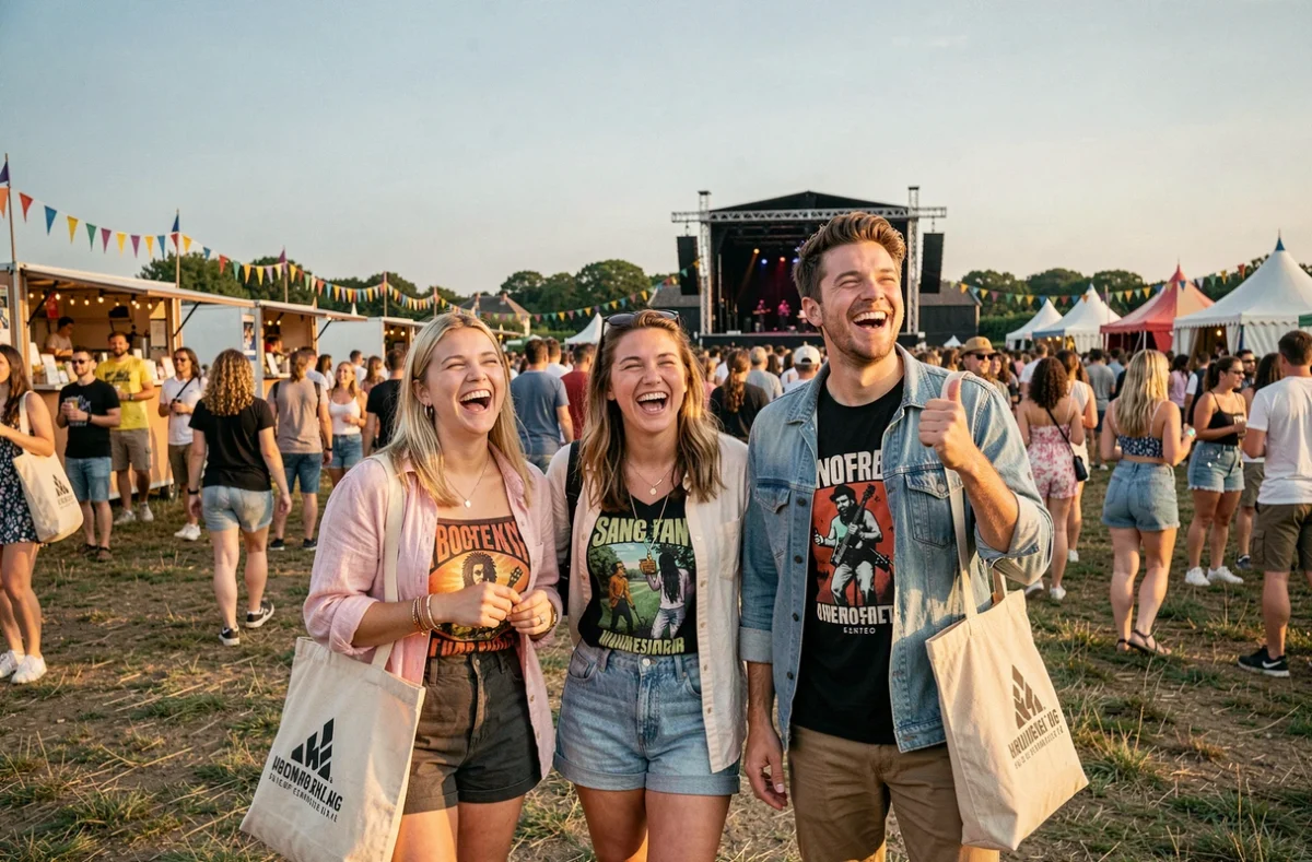 Groupe de festivaliers enthousiastes dans la fosse du festival des Vieilles Charrues en Bretagne lors d'un concert en plein air