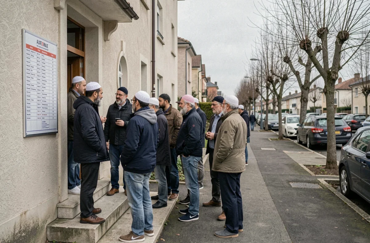 Groupe de fidèles consultant l'affichage des horaires de prière après le jumua à Argenteuil