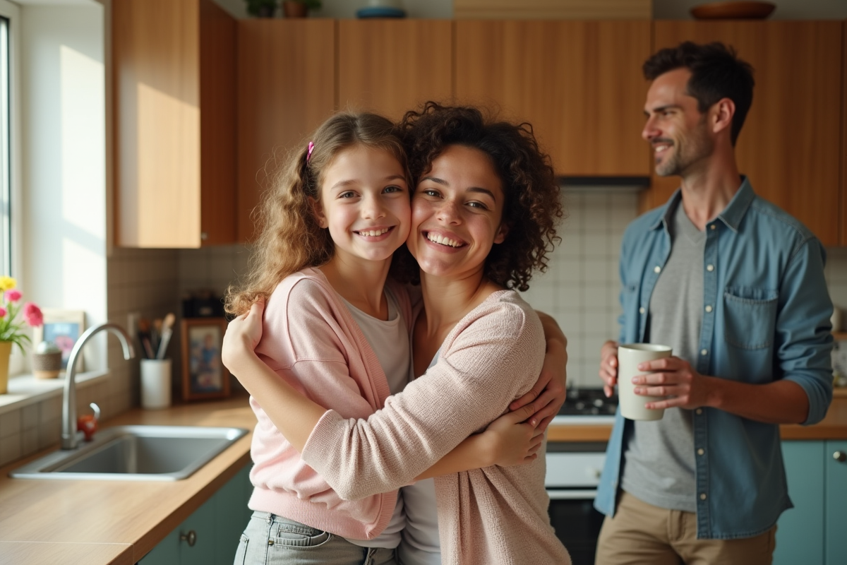 Fille embrassant sa belle mère dans cuisine lumineuse