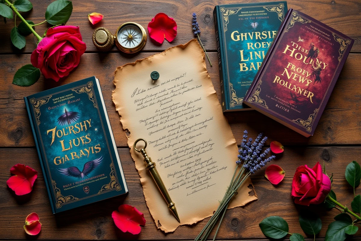 Flat lay de romans romantasy avec roses séchées, boussole vintage et accessoires médiévaux sur bureau en bois rustique