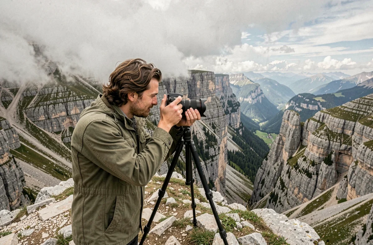 Vidéaste Florent Dimitri filmant un paysage alpin sur une crête rocheuse du massif de la Chartreuse en Isère