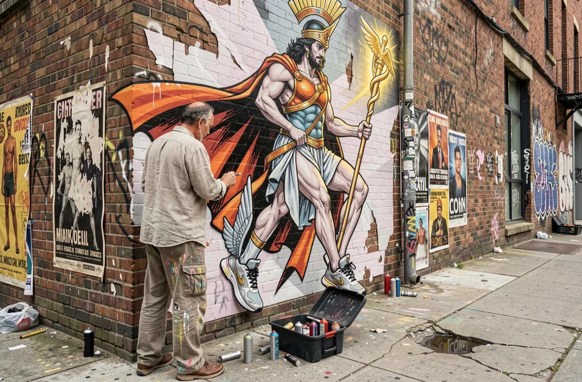 Artiste de rue peignant une fresque murale urbaine représentant Hermès en super-héros fusionnant mythologie grecque et culture pop moderne