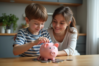 Garçon de 7 ans dépose des pièces dans une tirelire