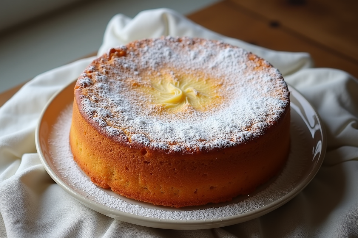 Gâteau basque entier saupoudré de sucre glace sur une assiette