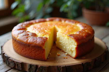 Gâteau basque frais tranché sur une table en bois naturel