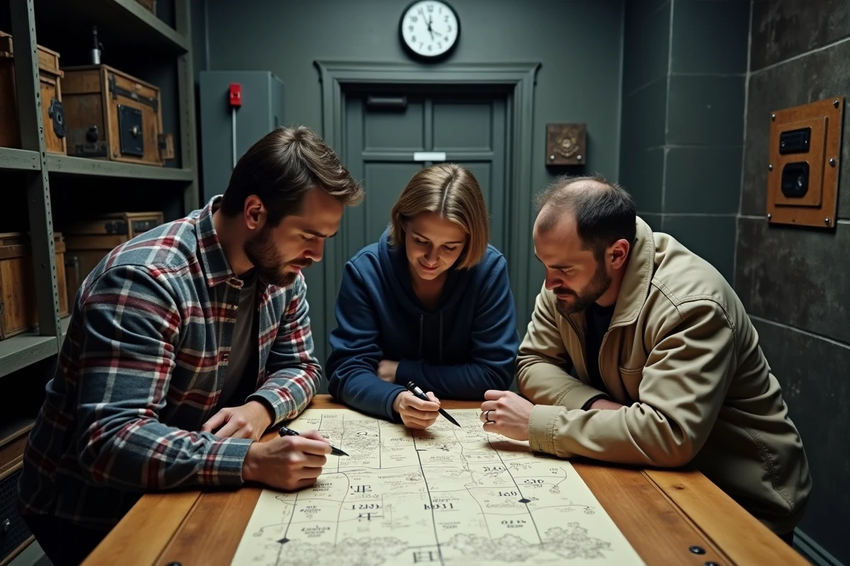 Groupe d'adultes analysant une carte d'indices dans une salle d'escape room thème industriel
