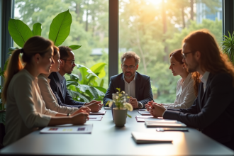Groupe d'employes en réunion sur des initiatives durables